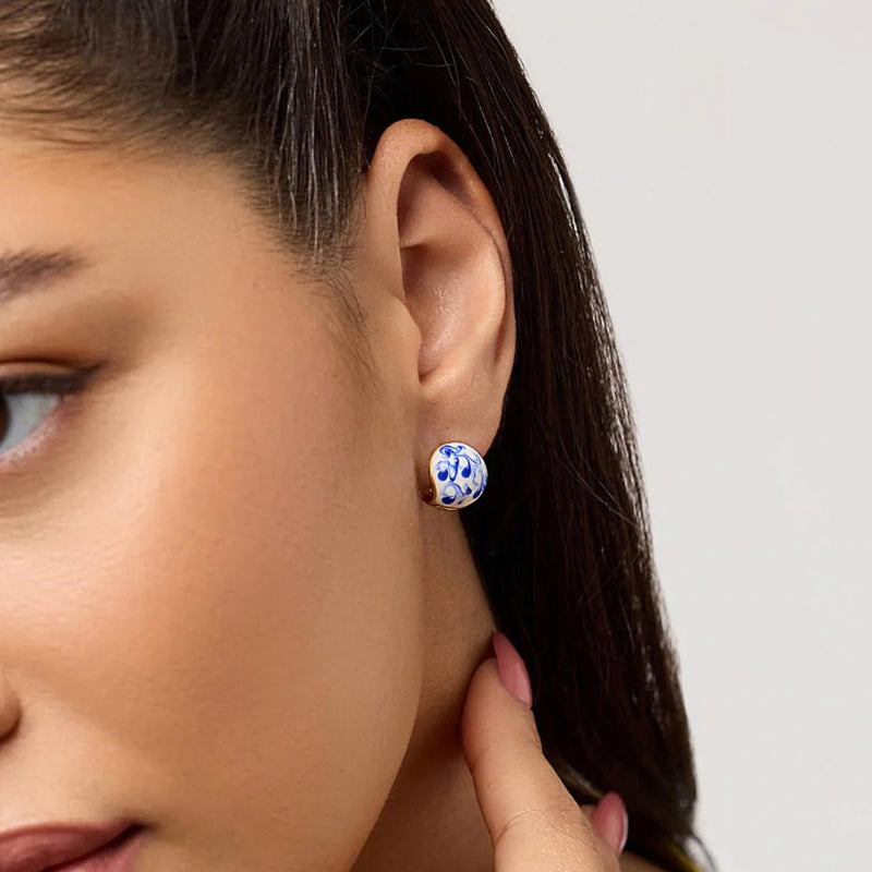 Vintage Hand Painted Blue And White Ceramic Beaded Earrings