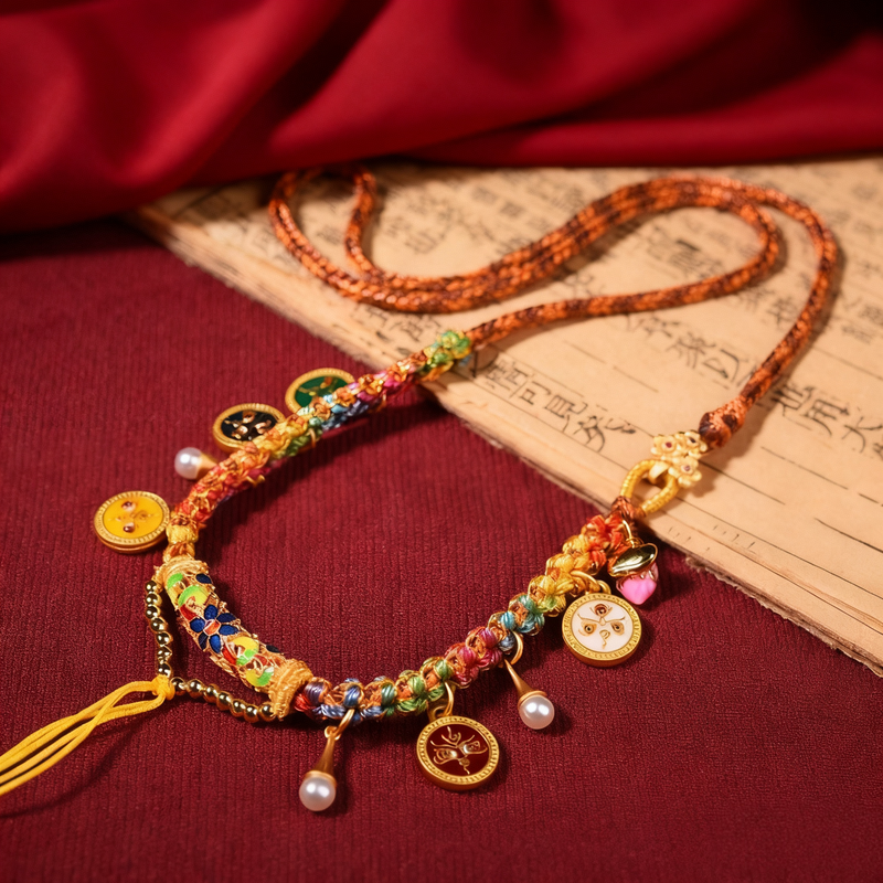 Tibetan Style Pendant Rope Five Wealth Gods Peach Blossom Knot Necklace Rope Thangka Cultural Ornament Hanging Rope Red Knot Handmade Special