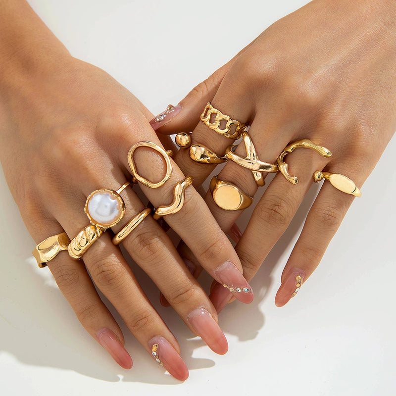 Tocona 2025 New Fashion Luxury Imitation Pearl Open Ring Sets for Women Elegant Gold Color Ring Party Jewelry Accessories