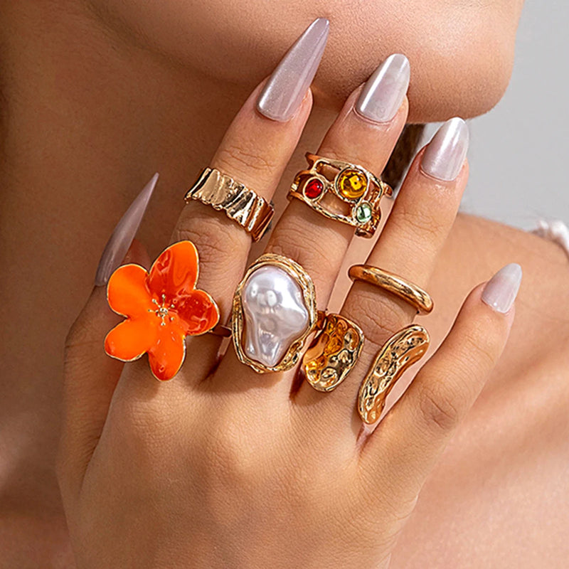 Tocona 2025 New Fashion Luxury Imitation Pearl Open Ring Sets for Women Elegant Gold Color Ring Party Jewelry Accessories