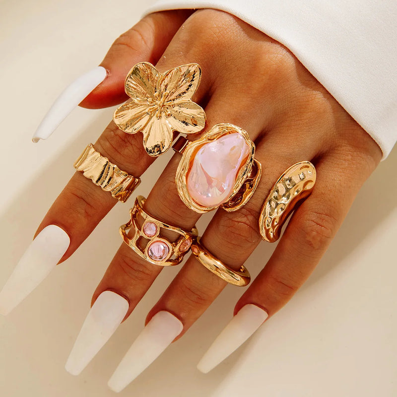 Tocona 2025 New Fashion Luxury Imitation Pearl Open Ring Sets for Women Elegant Gold Color Ring Party Jewelry Accessories