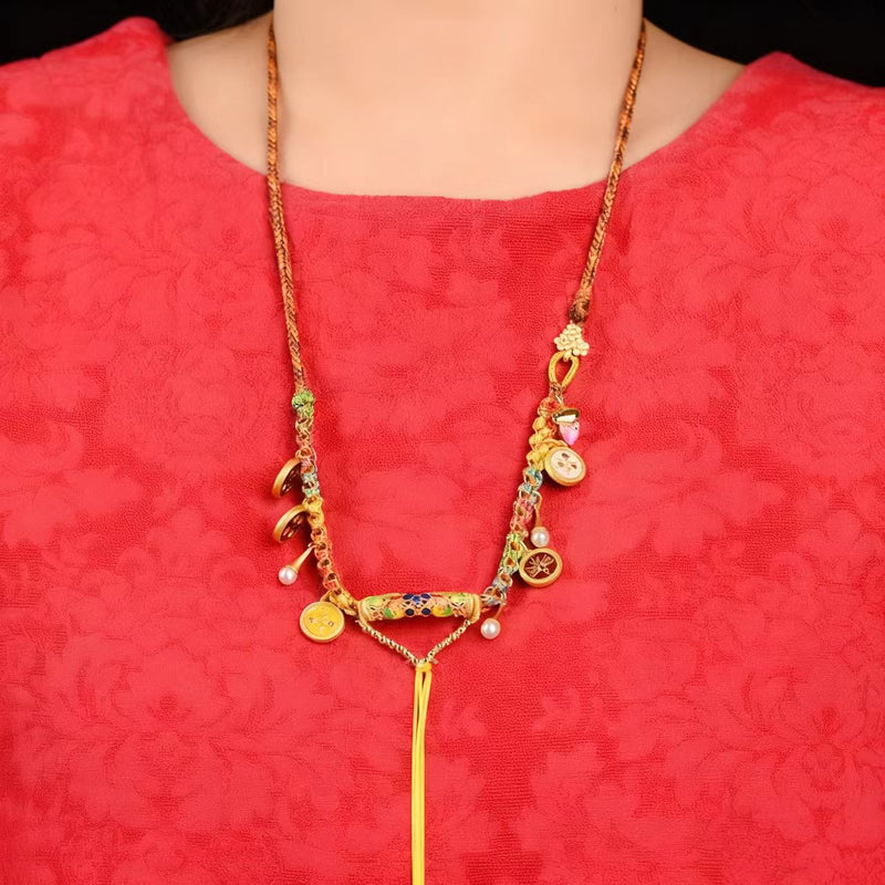 Tibetan Style Pendant Rope Five Wealth Gods Peach Blossom Knot Necklace Rope Thangka Cultural Ornament Hanging Rope Red Knot Handmade Special