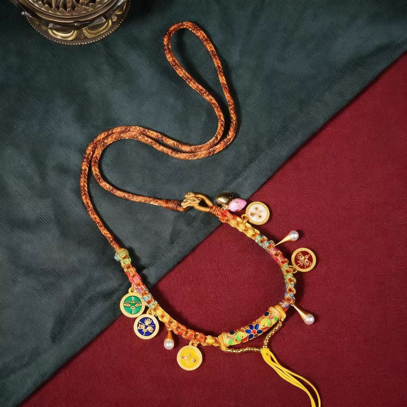 Tibetan Style Pendant Rope Five Wealth Gods Peach Blossom Knot Necklace Rope Thangka Cultural Ornament Hanging Rope Red Knot Handmade Special